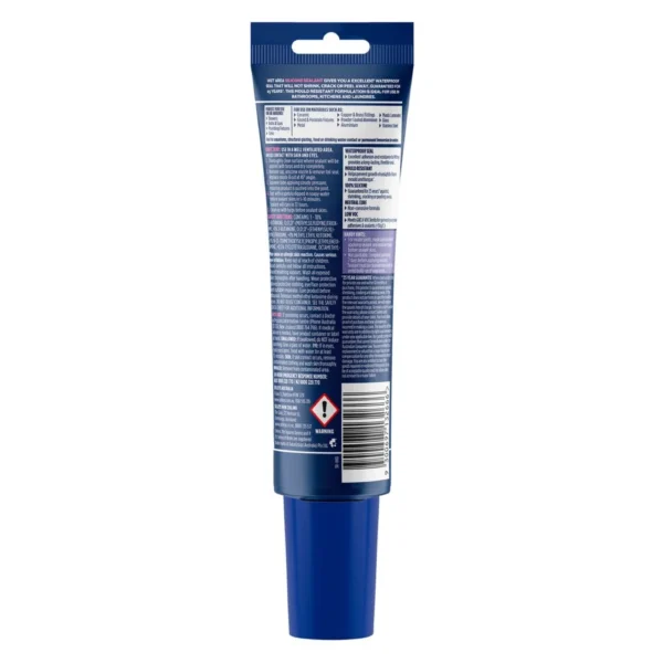 Rear of Selleys Wet Area Silicone Sealant White 90ml showing instructions and safety details