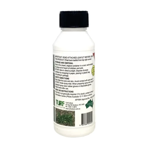 Back label of Spartan Pre-Emergent Herbicide 500mL bottle showing detailed usage instructions and safety information for pre-emergent weed control in turf.