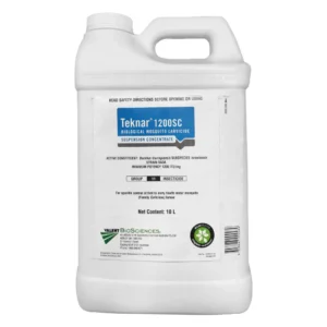 Front of Teknar 1200 SC Biological Liquid Larvicide 10L container on a white background