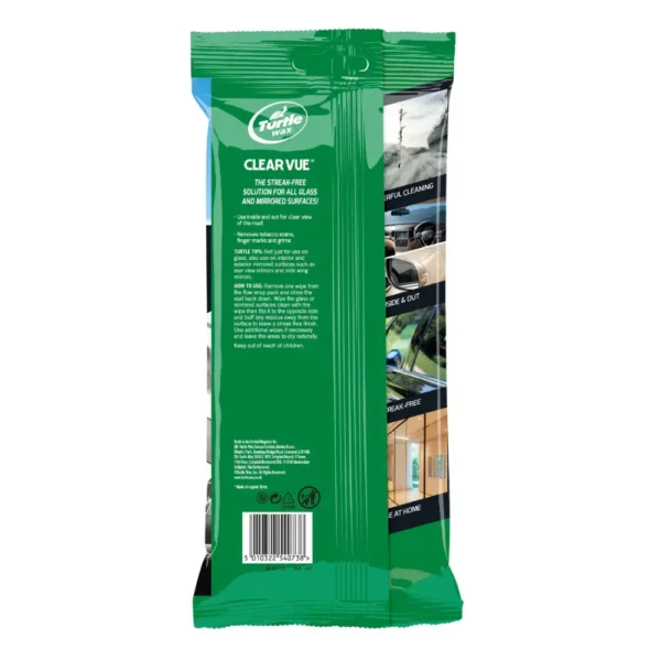 Back view of Turtle Wax Clear Vue Glass Wipes 24-pack showing usage directions and safety info.