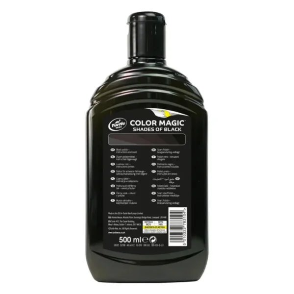 Turtle Wax Color Magic Jet Black Wax FG52708 500ml bottle back label on white background.