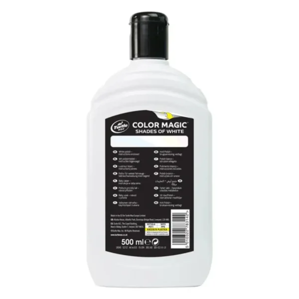 Rear label of Turtle Wax Color Magic Bright White Wax bottle showing usage instructions and safety info.