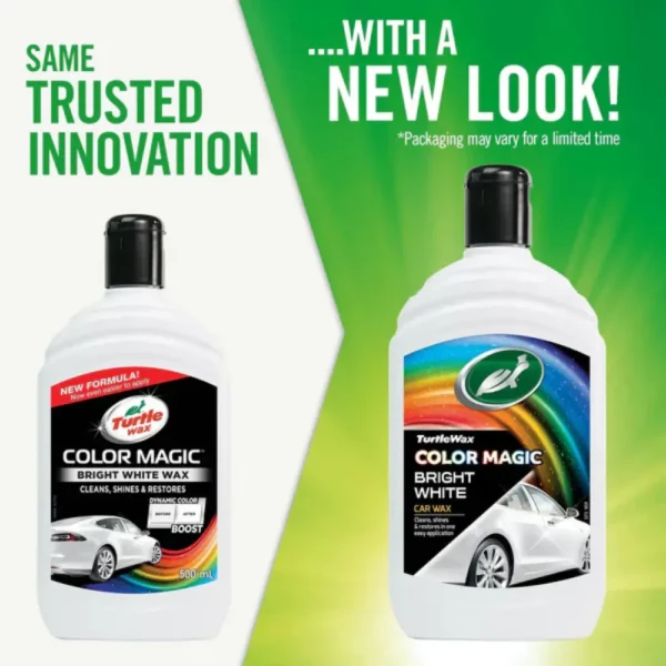 Turtle Wax Bright White Wax old packaging and new packaging side by side.