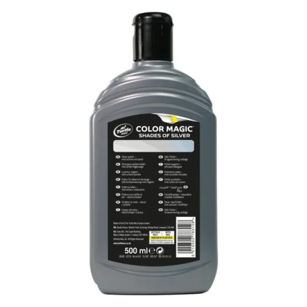 Back view of Turtle Wax Color Magic Prestige Silver Wax FG52710 500ml bottle showing usage .