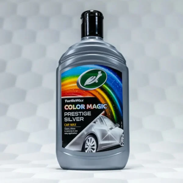 Turtle Wax Color Magic Prestige Silver Wax FG52710 500ml front label on a patterned grey background.