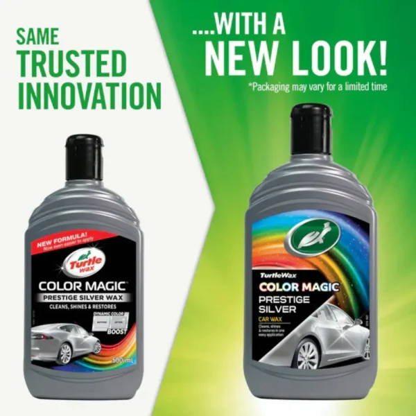 Turtle Wax Color Magic Prestige Silver Wax FG52710 500ml old packaging next to new packaging.