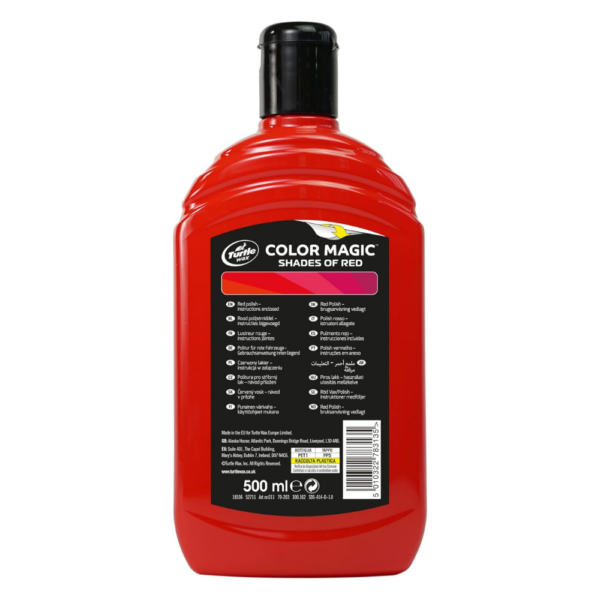Turtle Wax Color Magic Radiant Red Wax FG52710 500ml back label view on white background.