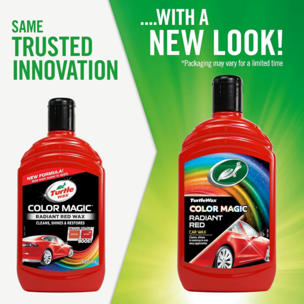 Turtle Wax Color Magic Radiant Red Wax 500ml – New Look Packaging for Red Car Paint Enhancement next to old packagig.