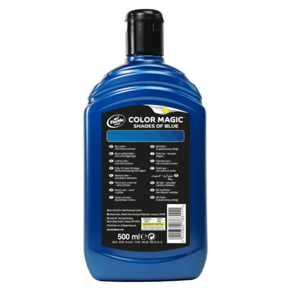Back label of Turtle Wax Color Magic Ultra Blue Wax FG52709 500ml bottle for blue and dark blue cars.