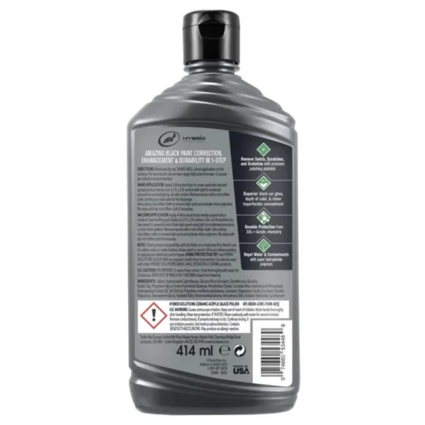 Back of Turtle Wax Hybrid Solutions Ceramic Acrylic Black Polish 414ml bottle showing how to use and product benefits on white background