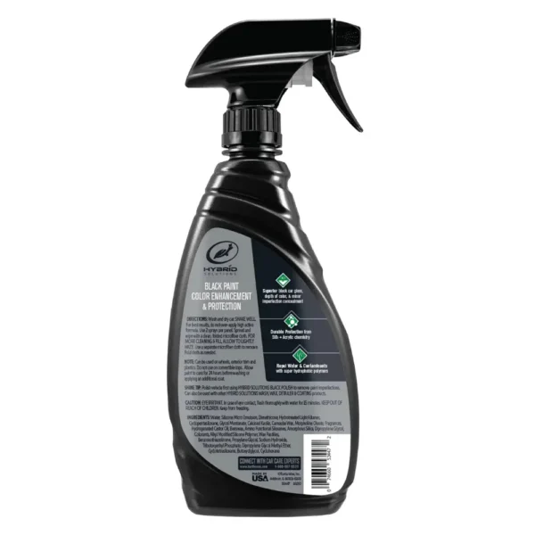 Back of Turtle Wax Hybrid Solutions Ceramic Acrylic Black Wax 473ml bottle showing directions and key benefits on white background.