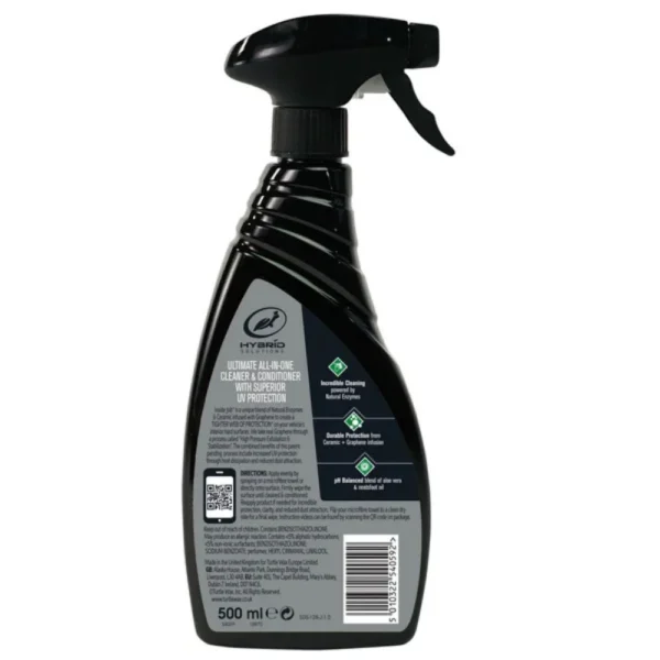 Back of Turtle Wax Hybrid Solutions Ceramic + Graphene Inside Job 473ml bottle showing instructions and product info on white background