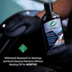 Turtle Wax Quick & Easy Inside & Out Protectant 680ml with infographic callouts highlighting UV protection, dust resistance, and no-residue shine on white background