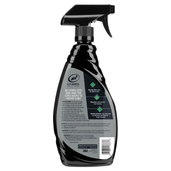 Turtle Wax Hybrid Solutions Graphene Tyre Shine 680ml bottle showing instructions and product info on white background