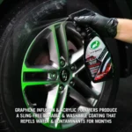 Turtle Wax Hybrid Solutions Graphene Tyre Shine 680ml infographic with text - graphene infusioon & acrylic polymers produce a sling-free durable & washable coating the repels water & contaminants for months.