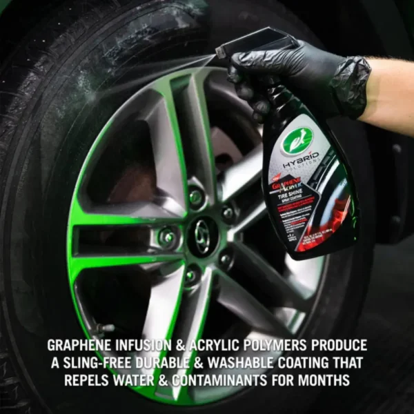 Turtle Wax Hybrid Solutions Graphene Tyre Shine 680ml infographic with text - graphene infusioon & acrylic polymers produce a sling-free durable & washable coating the repels water & contaminants for months.