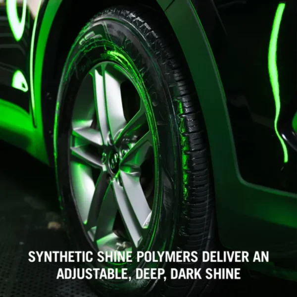 Turtle Wax Hybrid Solutions Graphene Tyre Shine 680ml infographic with text - Synthetic shine polymers deliver an adjustable, deep, dark, shine.