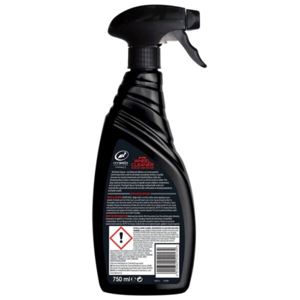 Back of Turtle Wax Hybrid Solutions Pro All Wheel Cleaner & Iron Remover 680ml bottle with directions and safety info on white background