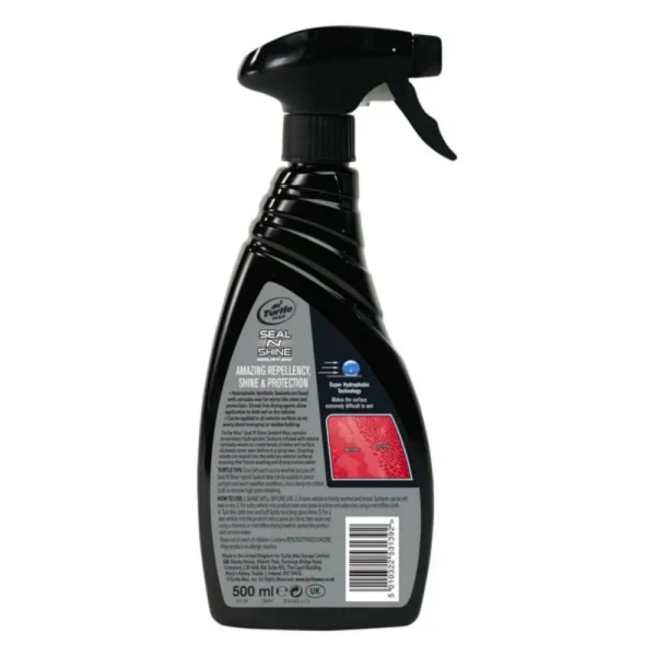 Back view of Turtle Wax Ice Seal N Shine Sealant Wax 473mL spray bottle showing instructions and product info on white background