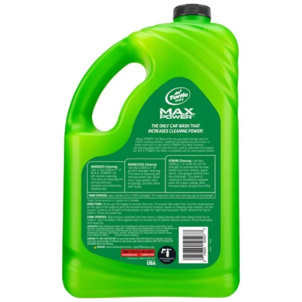 Back view of Turtle Wax MaxPower Car Wash 2.95L bottle showing mixing instructions and safety details on white background