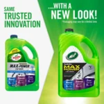 Turtle Wax MaxPower Car Wash 2.95L placed next to a soapy bucket and sponge beside a car on white background