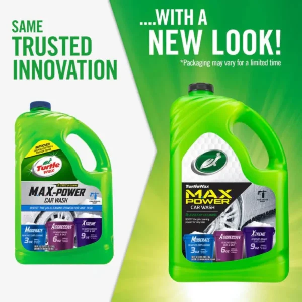 Turtle Wax MaxPower Car Wash 2.95L placed next to a soapy bucket and sponge beside a car on white background