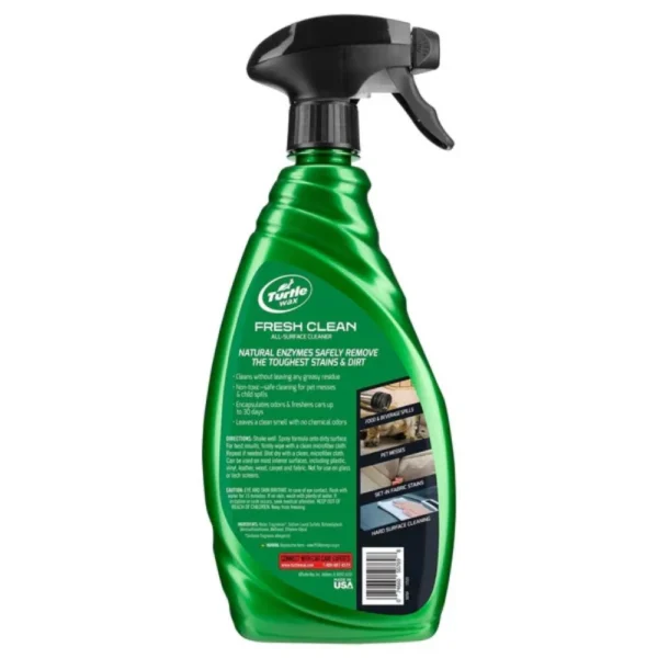 Back view of Turtle Wax Power Out Fresh Clean All-Surface Cleaner 680ml spray bottle showing instructions and safety info on white background