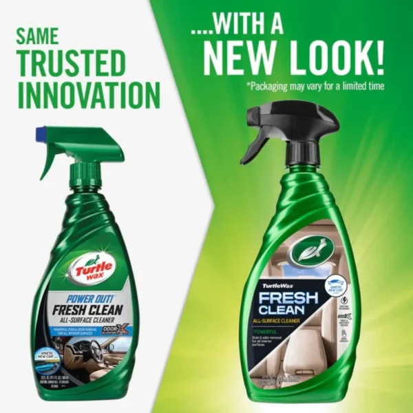 Turtle Wax Power Out Fresh Clean All-Surface Cleaner 680ml next to car interior detailing tools on white background