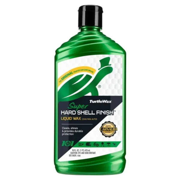 Front view of Turtle Wax Super Hard Shell Liquid Wax 473ml bottle on white background