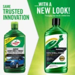 Turtle Wax Super Hard Shell Liquid Wax 473ml placed beside a clean, polished car bonnet on white background