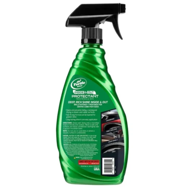 Back view of Turtle Wax Quick & Easy Inside & Out Car Protectant 680ml spray bottle with usage directions on white background