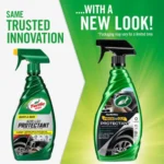 Turtle Wax Quick & Easy Inside & Out Car Protectant 680ml with infographic highlights for UV protection, dust resistance, and shine on white background