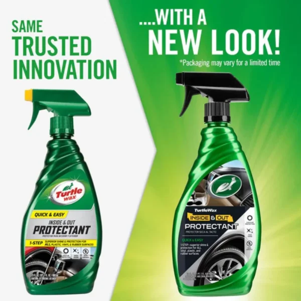 Turtle Wax Quick & Easy Inside & Out Car Protectant 680ml with infographic highlights for UV protection, dust resistance, and shine on white background