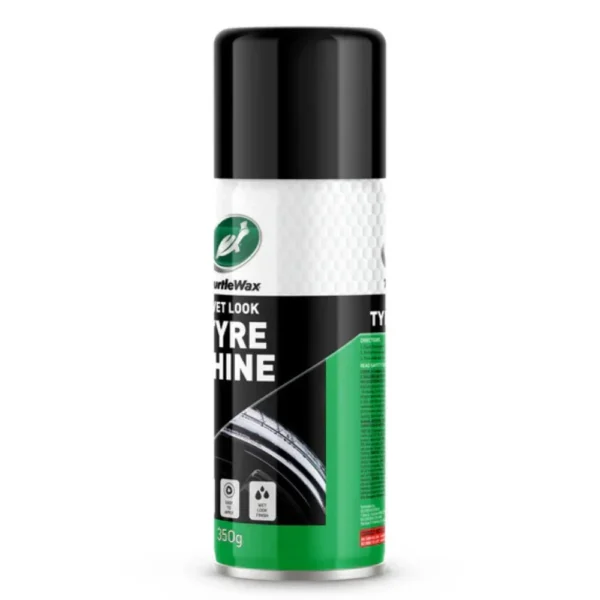 urtle Wax Wet Look Tyre Shine being sprayed on a car tyre for a deep gloss finish