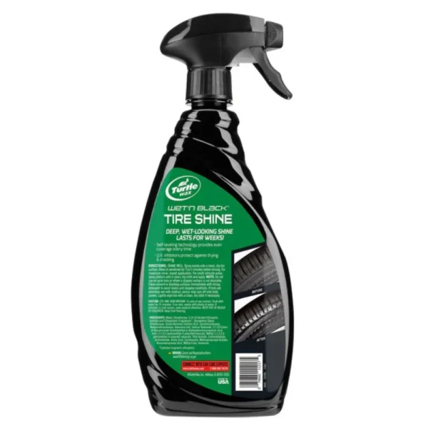 Back view of Turtle Wax Wet’n Black Ultra Tyre Shine T217RA 680ml spray bottle with instructions and safety info on white background