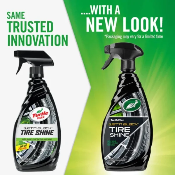 Turtle Wax Wet’n Black Ultra Tyre Shine T217RA 680ml placed beside a clean tyre for application scene on white background