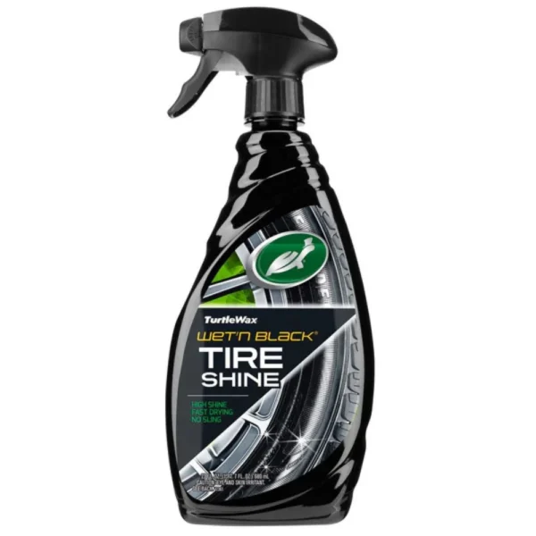 Front view of Turtle Wax Wet’n Black Ultra Tyre Shine T217RA 680ml spray bottle on white background