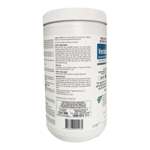 Side view of Vectolex WG Biological Larvicide 500g container, showing product label and usage instructions for mosquito control.