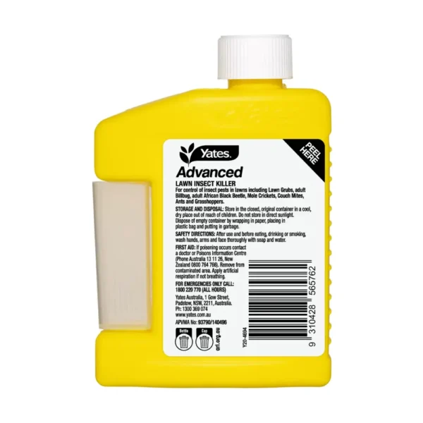 Yates Advanced Lawn Insect Killer - 200mL bottle back label with usage instructions and safety directions