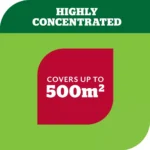 Graphic advising highly concentrated Yates Advanced for Lawns - 200mL solution covers up to 500 square meters.