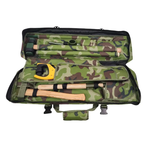 Pestrol Fire Fighting Tool Set 6 Pieces open camouflage carry bag with fire fighting hand tools visible.