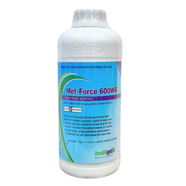 Indigo MetForce 600WG Industrial Herbicide 500g front label pouch on white background