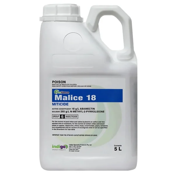 Front view of Indigo ProForce Malice 18 Miticide 5L container