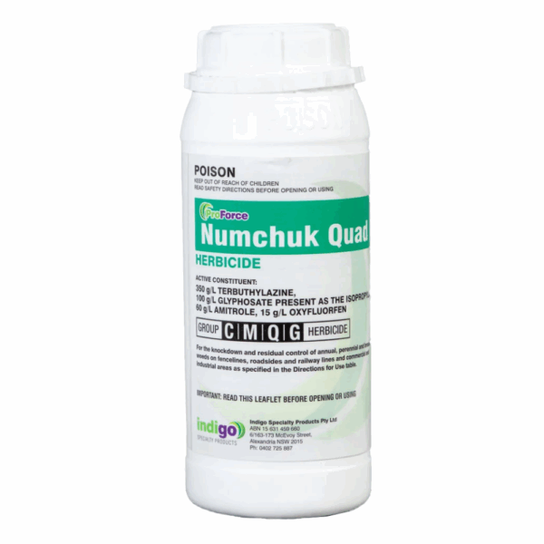 Front view of Indigo ProForce Numchuk Quad Herbicide 1L bottle.