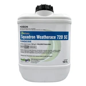 Indigo ProForce Squadron Weatherace 720SC Fungicide 10L container front label on white background