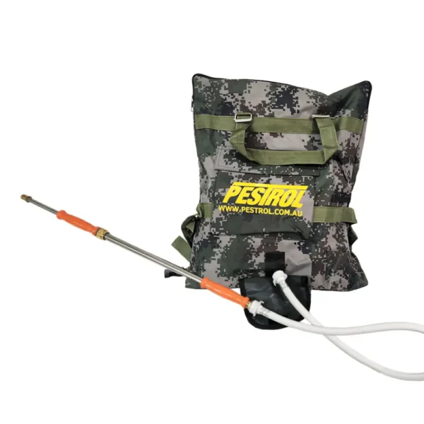 Pestrol 18L Fire Knapsack olive green front view with fire wand and connecting hose attached - portable fire fighting backpack sprayer for bushfire control.