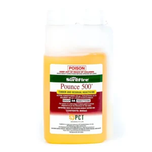 Front label of Surefire Pounce 500 Insecticide 500mL bottle on white background - Best for Termite control
