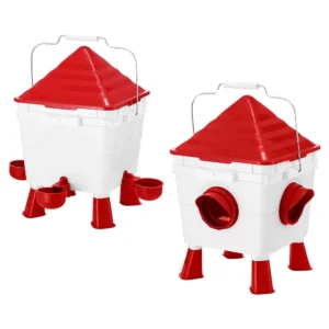 Compact Pestrol automatic chicken feeder and waterer set with red roof lids, drinking cups, and protected feed ports.