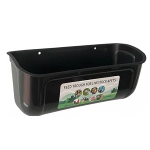 Empty black Pestrol hanging outdoor chicken feeder trough with livestock and pets label.