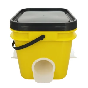Yellow 10L automatic chicken feeder bucket with four white feed ports and black lid.